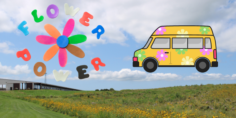 Prairie field with text "flower power"